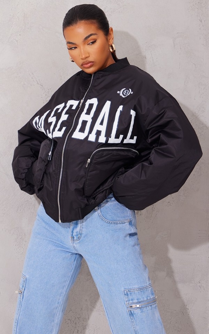 Black Pretty Little Thing Utility Pocket Graphic Front Bomber Jackets | SBQLZHD-39