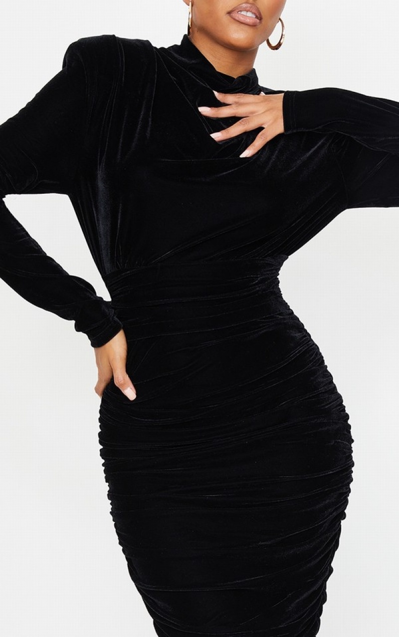 Black Pretty Little Thing Velvet High Neck Draped Detail Dresses | RBEQFXV-83