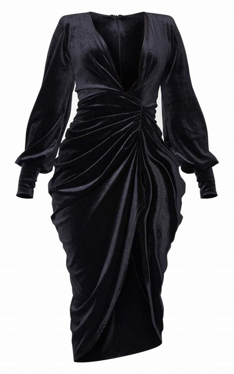 Black Pretty Little Thing Velvet Long Sleeve Plunge Draped Dresses | KLJWHXV-38