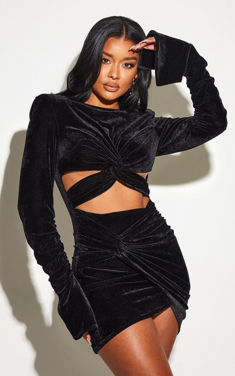 Black Pretty Little Thing Velvet Twisted Cut Out Detail Ruched Sleeve Bodycon Dresses | HLFJTMZ-35