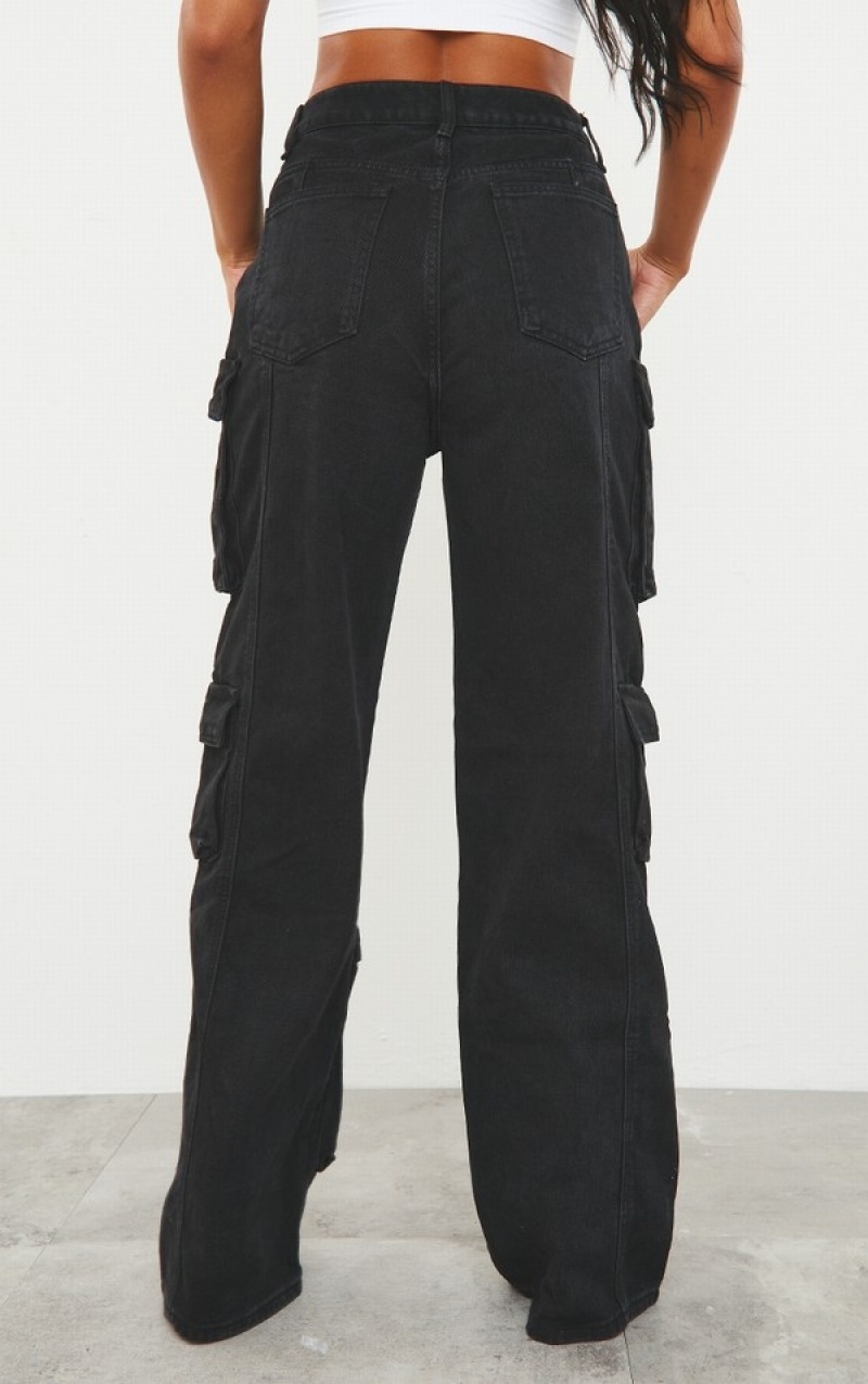 Black Pretty Little Thing Washed Cargo Pocket Detail Wide Leg Jeans | RSFWKGB-38