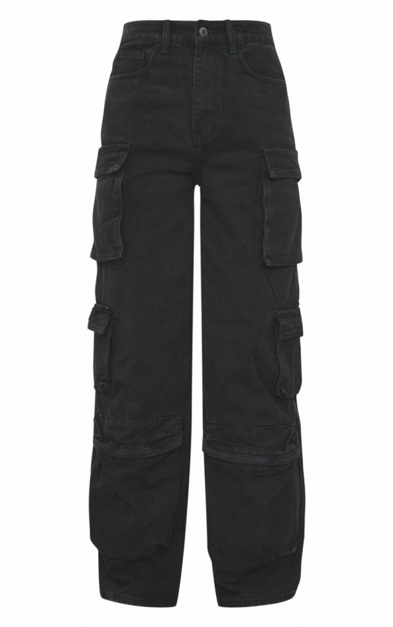 Black Pretty Little Thing Washed Cargo Pocket Detail Wide Leg Jeans | RSFWKGB-38