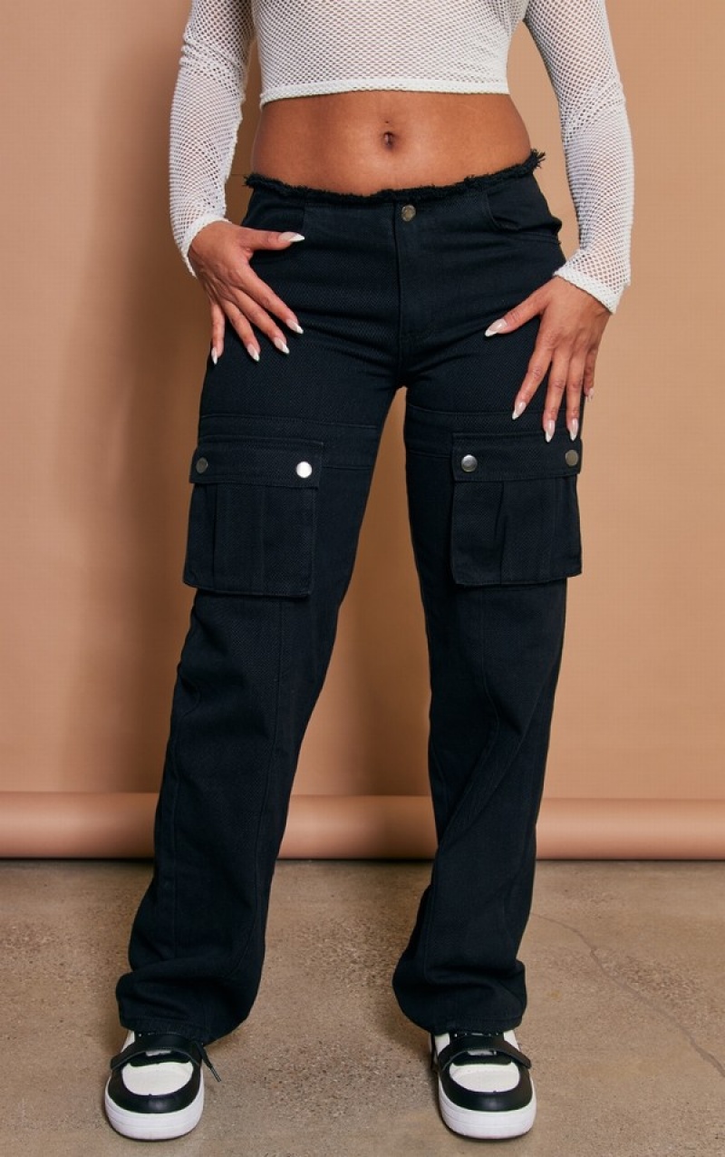 Black Pretty Little Thing Washed Frayed Waistband Cargo Pocket Jeans | NDVYWQM-65