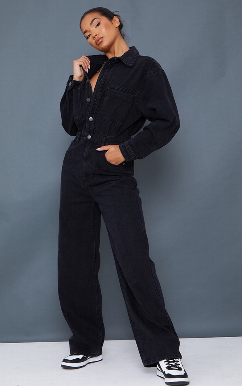 Black Pretty Little Thing Washed Oversized Boilersuit Jumpsuits | EGKTOWB-15