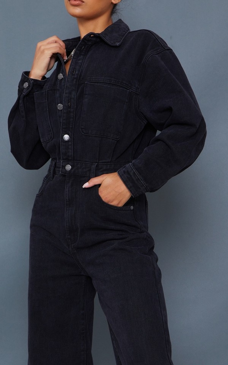 Black Pretty Little Thing Washed Oversized Boilersuit Jumpsuits | EGKTOWB-15