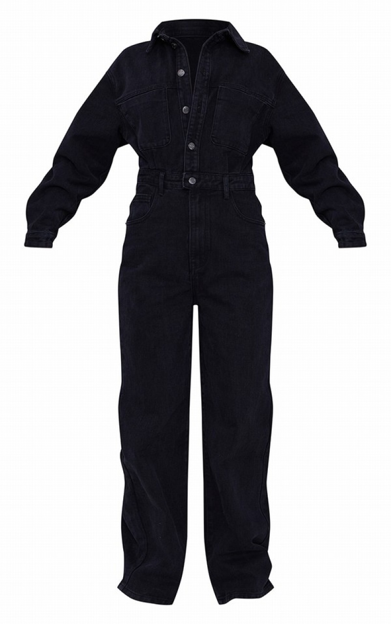 Black Pretty Little Thing Washed Oversized Boilersuit Jumpsuits | EGKTOWB-15