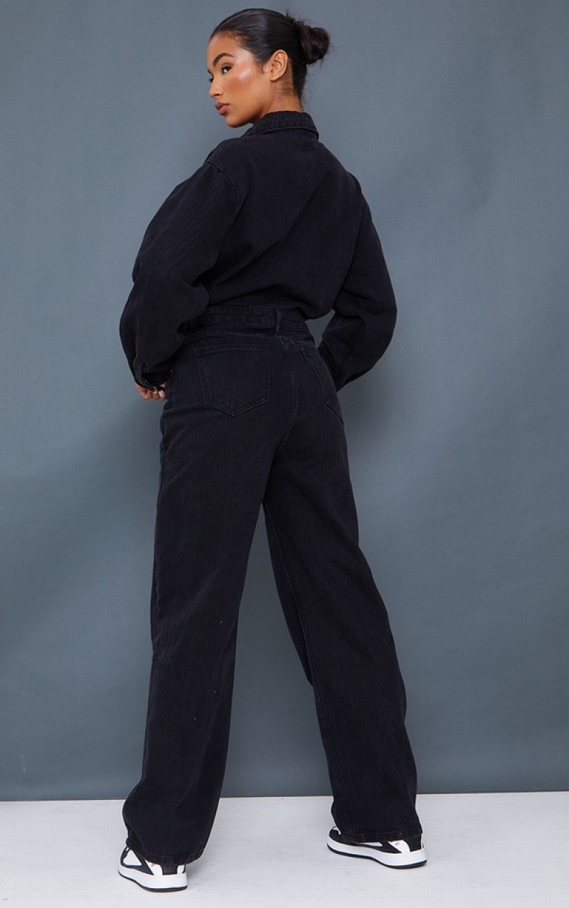 Black Pretty Little Thing Washed Oversized Boilersuit Jumpsuits | EGKTOWB-15