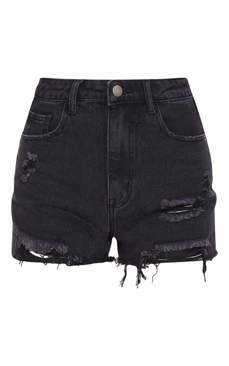 Black Pretty Little Thing Washed Ripped Shorts | HCDULRV-26