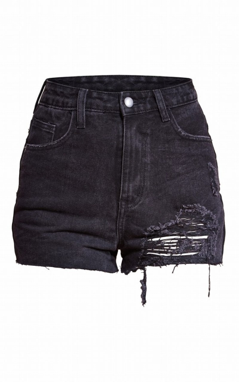 Black Pretty Little Thing Washed Ripped Mom Shorts | WQTAHLU-81