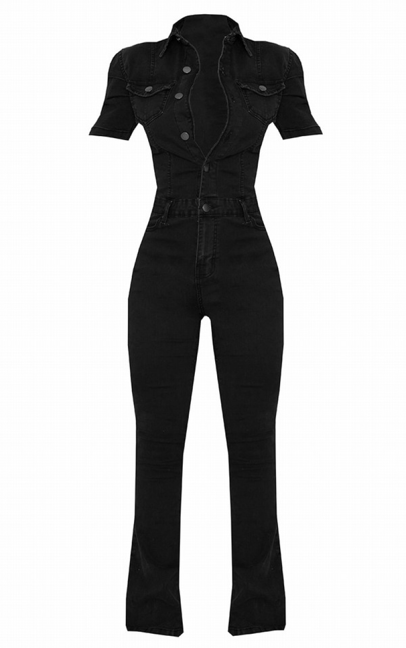 Black Pretty Little Thing Washed Sleeved Bodycon Flared Jeans | GELPMQI-39