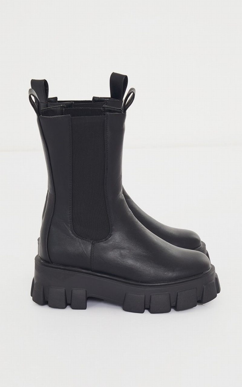 Black Pretty Little Thing Wide Fit Extreme Chunky Sole Calf High Chelsea Boots | KUFXIDH-50