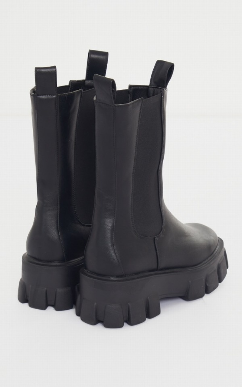 Black Pretty Little Thing Wide Fit Extreme Chunky Sole Calf High Chelsea Boots | KUFXIDH-50