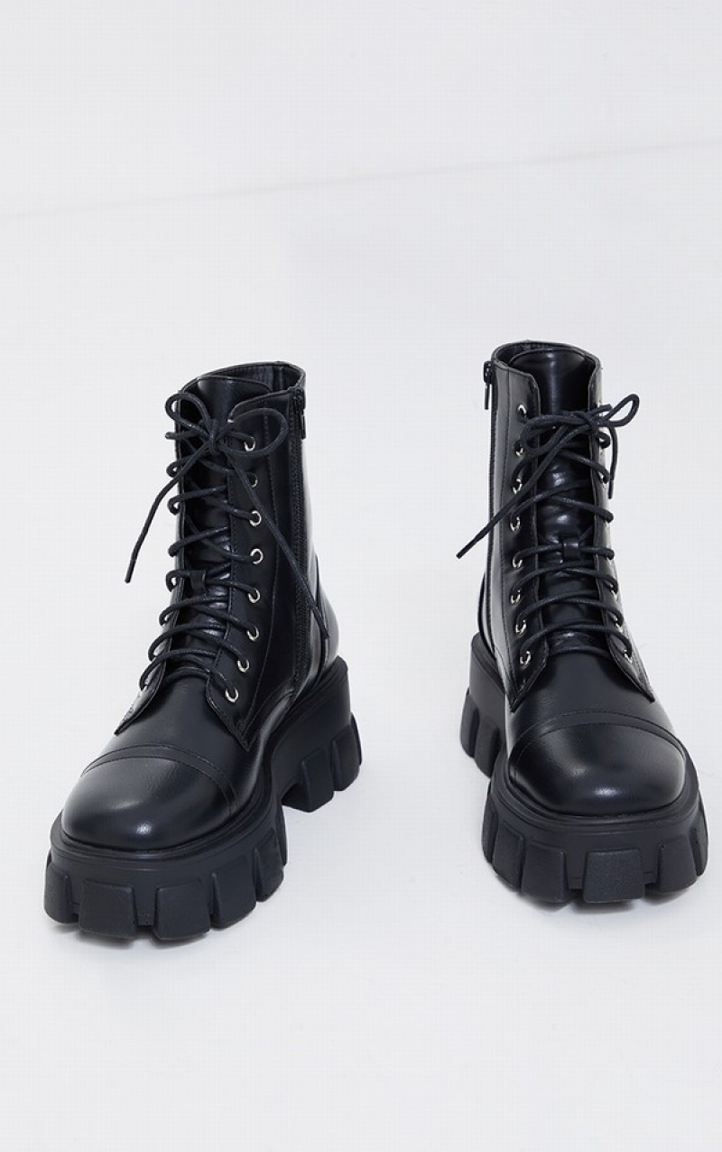 Black Pretty Little Thing Wide Fit Lace Up Extreme Chunky Combat Flat Shoes | PTKAWSF-57