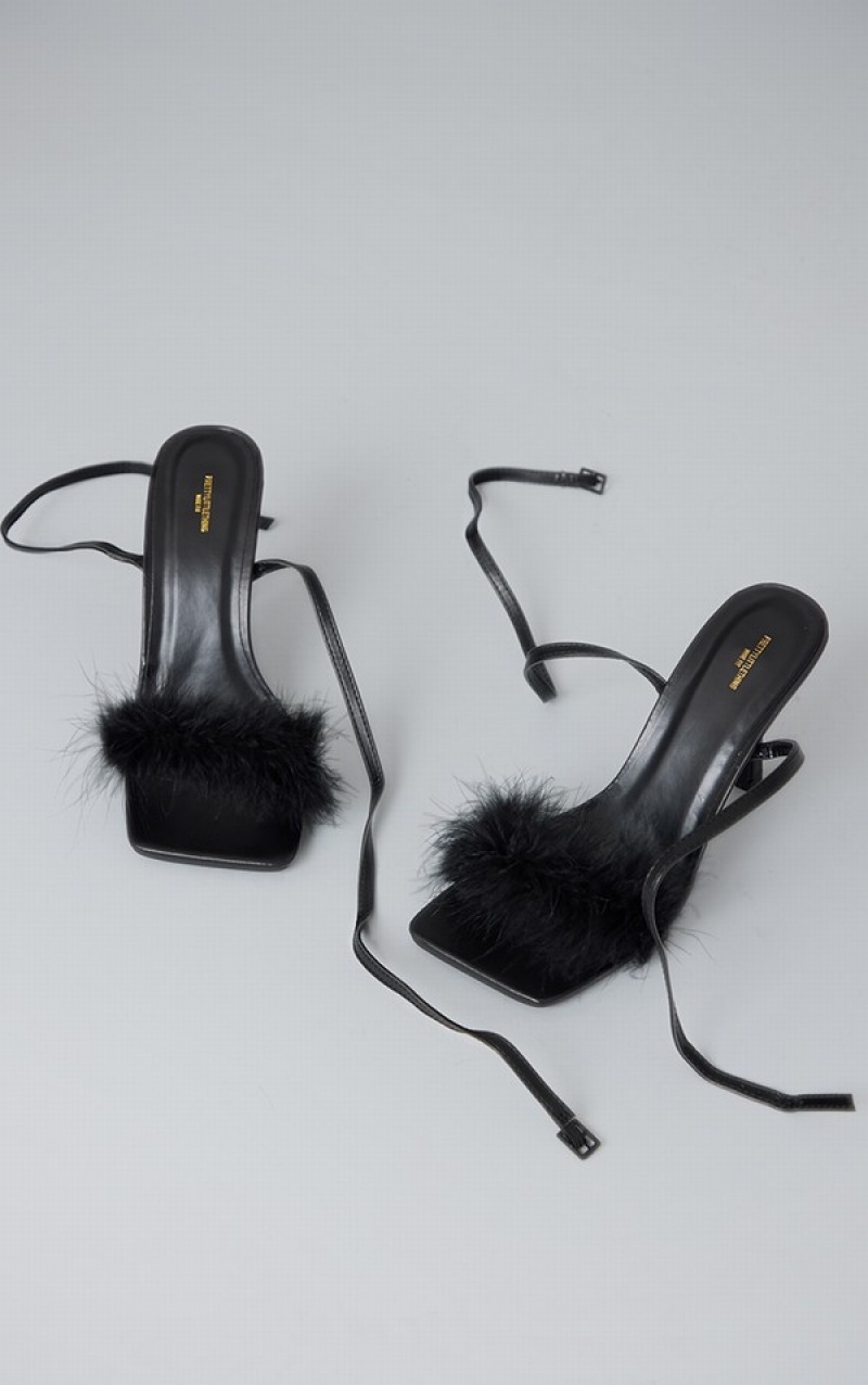 Black Pretty Little Thing Wide Fit PU Square Toe Feather Strap High Heels | ELNFSUK-08