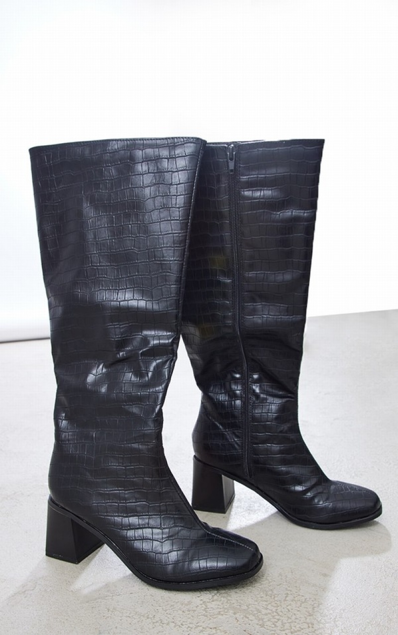 Black Pretty Little Thing Wide Fit Pu Croc Square Toe Mid Blocked Knee Boots | NVZMSHD-05