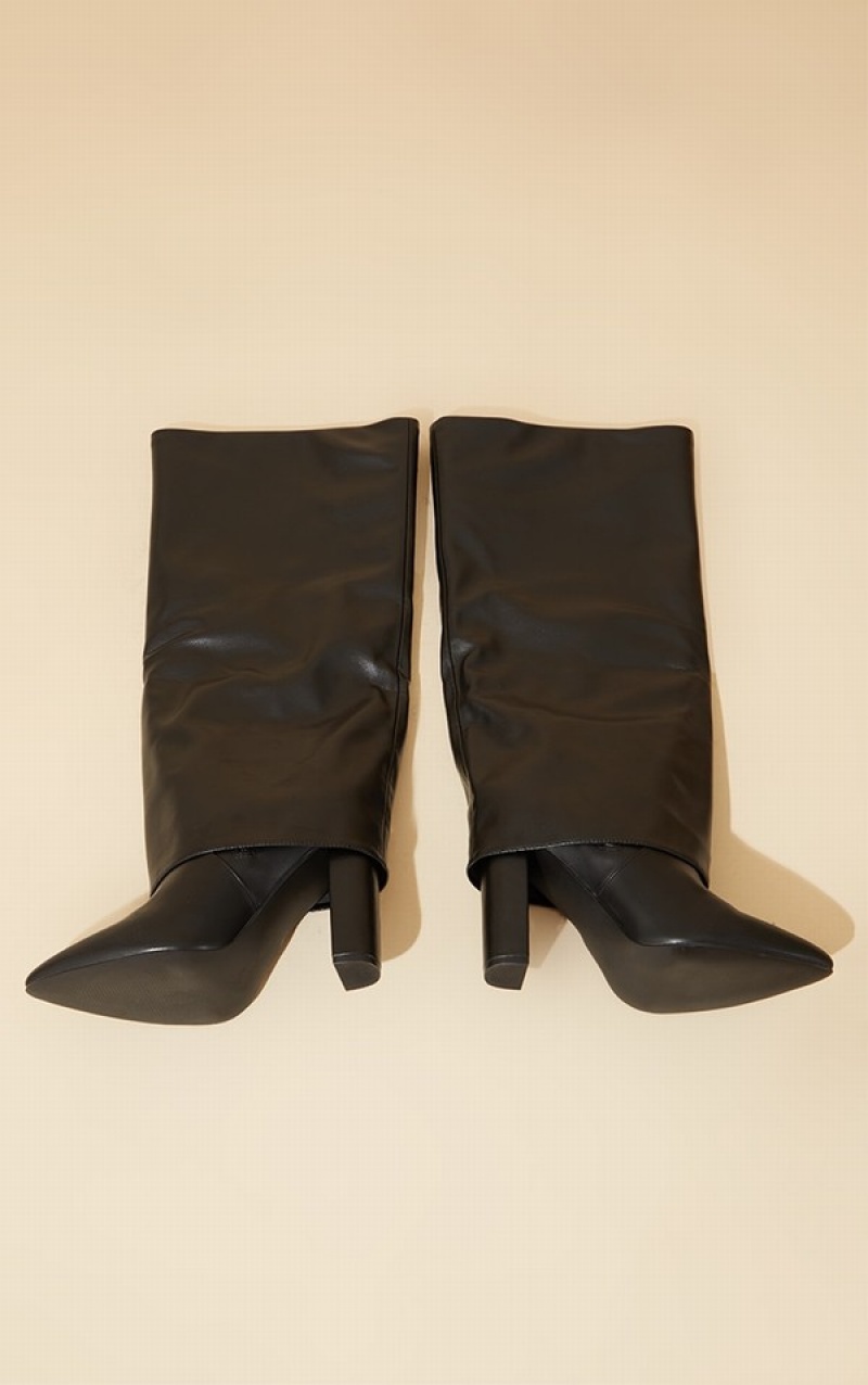 Black Pretty Little Thing Wide Fit Pu Pointed Fold Over Block Knee Boots | TGQPDOZ-54