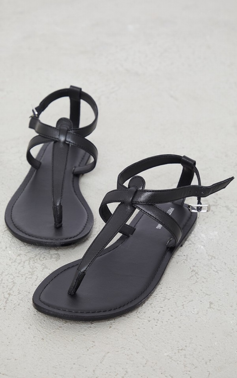 Black Pretty Little Thing Wide Fit Real Leather Basic Toe Strap Sandals | RGYNIPO-49