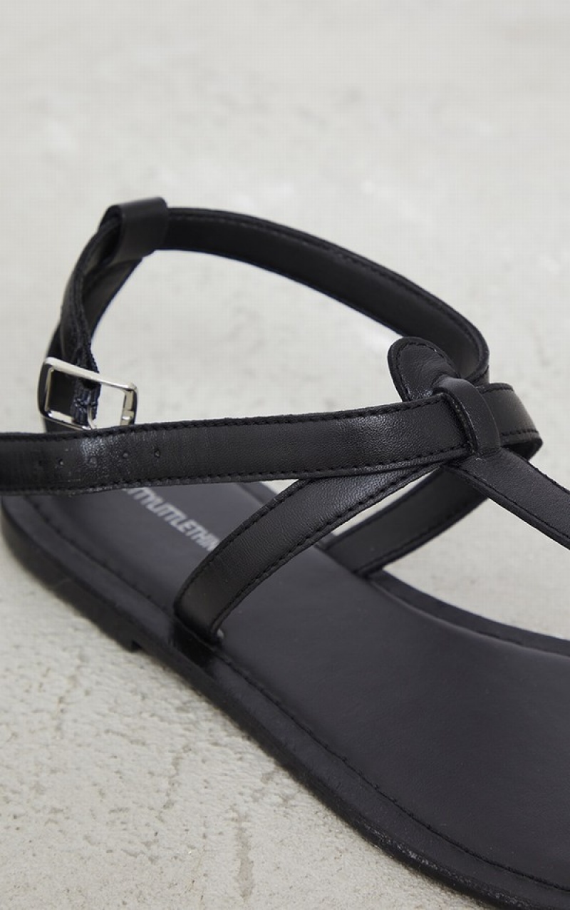 Black Pretty Little Thing Wide Fit Real Leather Basic Toe Strap Sandals | RGYNIPO-49