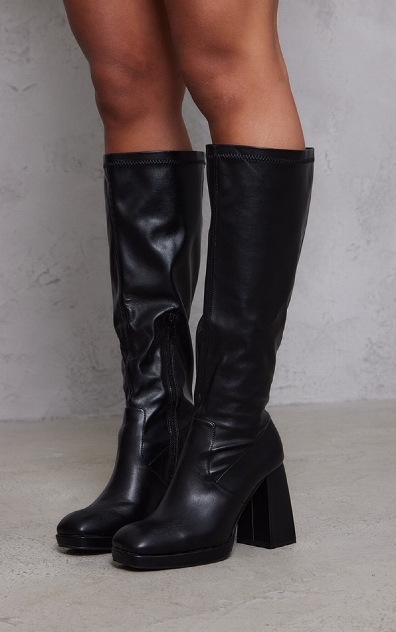 Black Pretty Little Thing Wide Fit SPlatform High Blocked Knee Boots | DZYMKRT-15