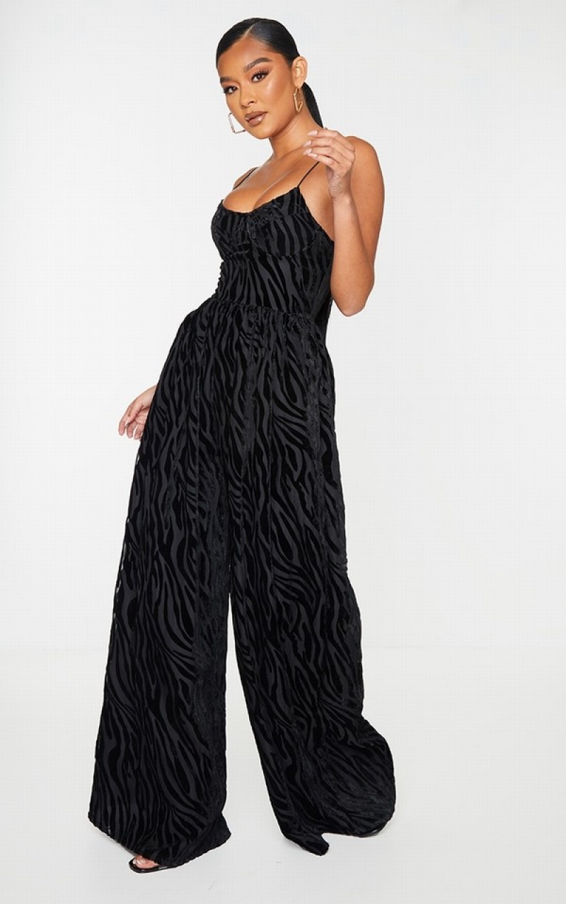 Black Pretty Little Thing Zebra Devore Cup Detail Wide Leg Jumpsuits | VDMEATR-29