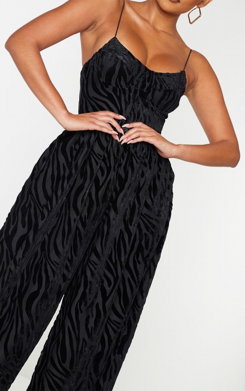 Black Pretty Little Thing Zebra Devore Cup Detail Wide Leg Jumpsuits | VDMEATR-29