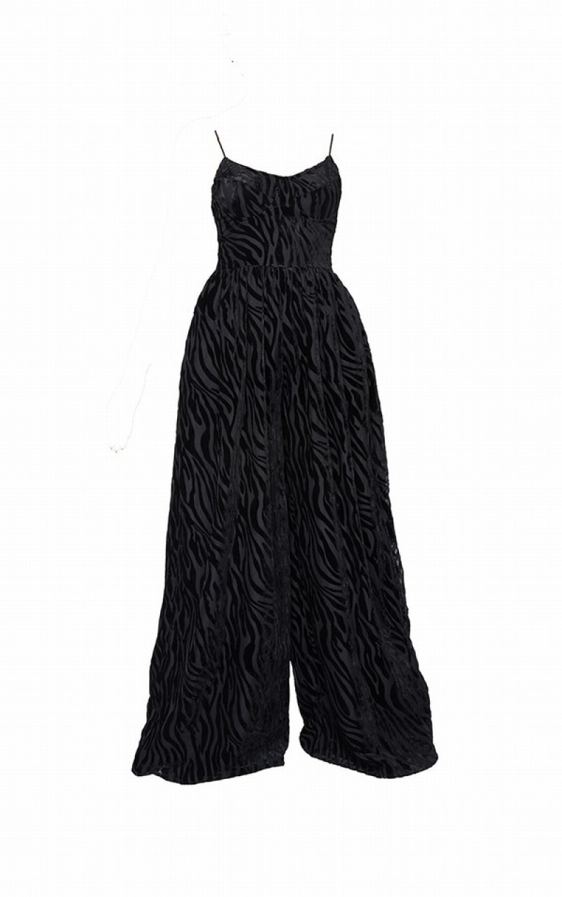 Black Pretty Little Thing Zebra Devore Cup Detail Wide Leg Jumpsuits | VDMEATR-29