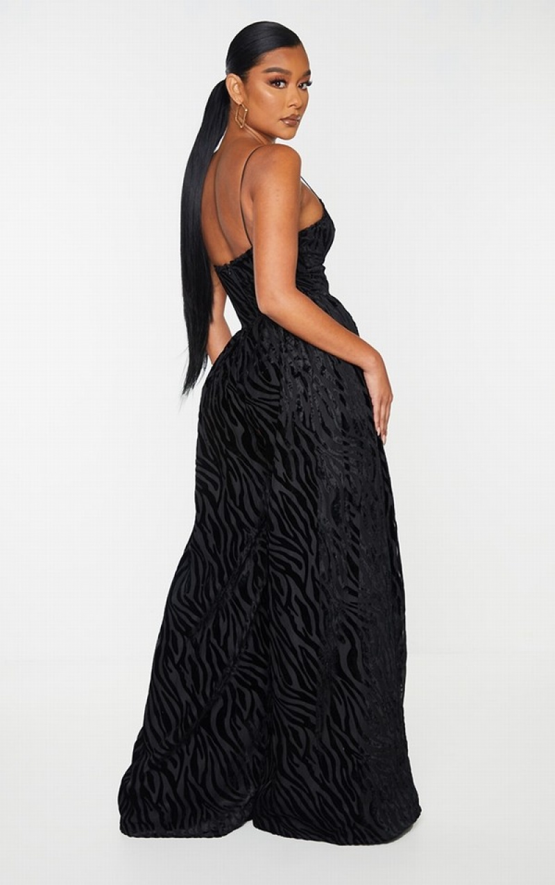 Black Pretty Little Thing Zebra Devore Cup Detail Wide Leg Jumpsuits | VDMEATR-29