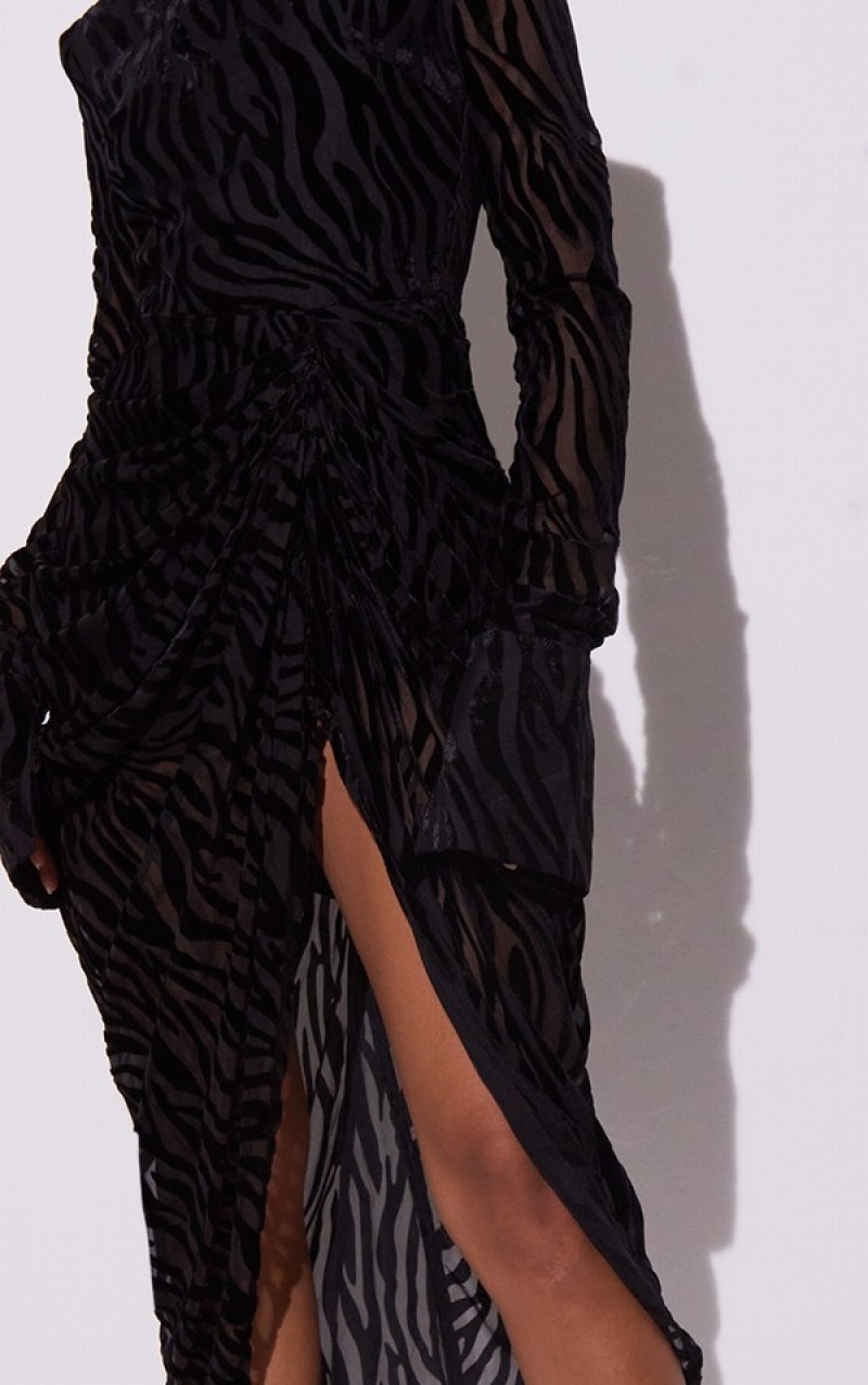 Black Pretty Little Thing Zebra Devore High Neck Draped Dresses | GXCBOLE-87