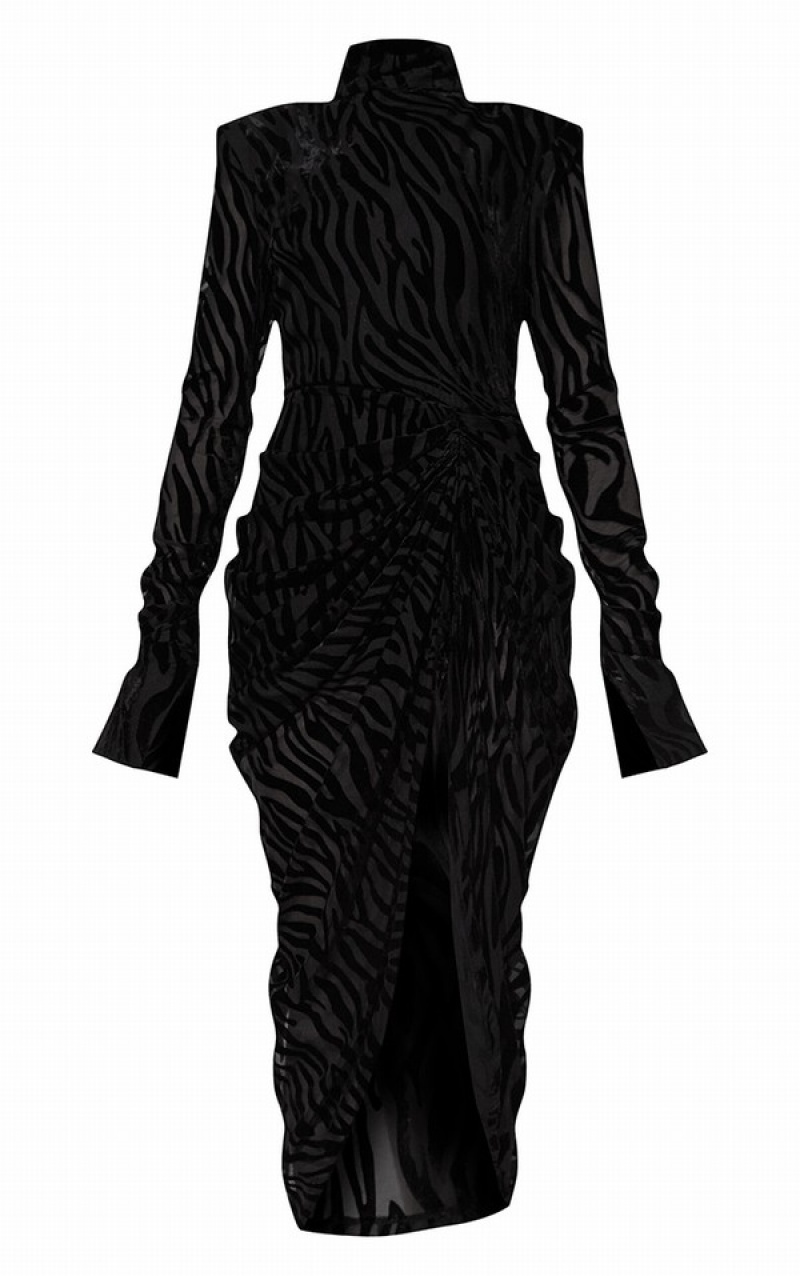 Black Pretty Little Thing Zebra Devore High Neck Draped Dresses | GXCBOLE-87