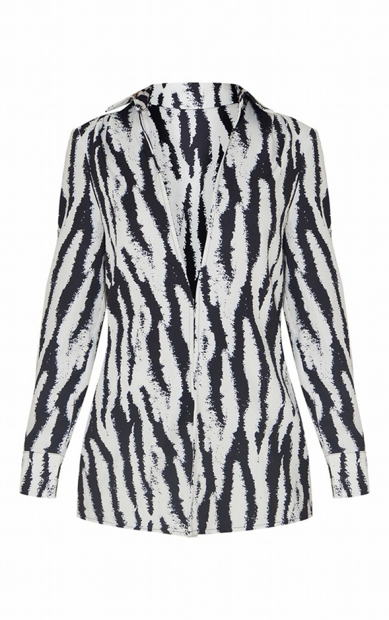 Black Pretty Little Thing Zebra Oversized Print Shirts | HJUTSLW-85