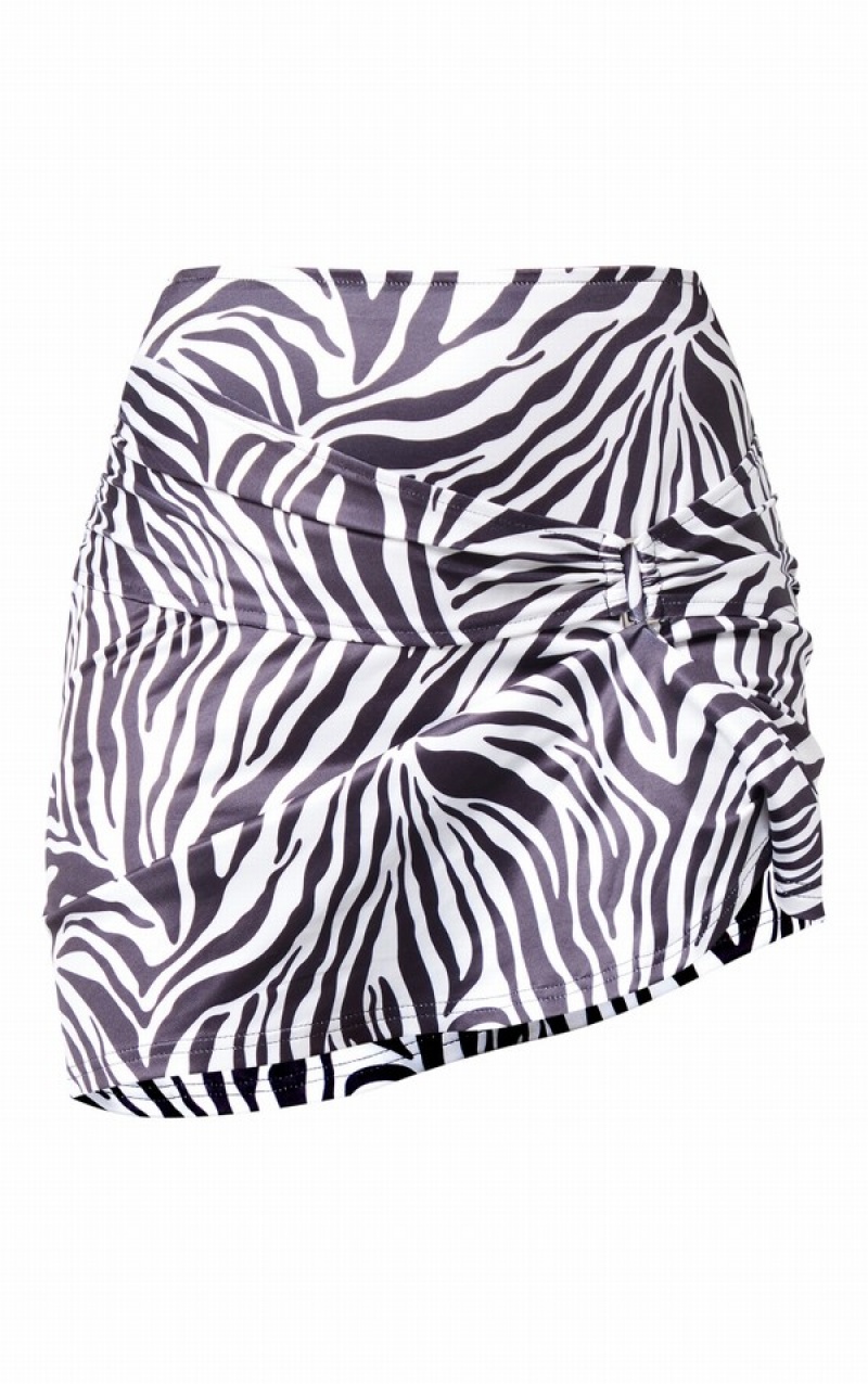 Black Pretty Little Thing Zebra Print Side Ruched Buckle Detail Skirts | YDXOAGV-61