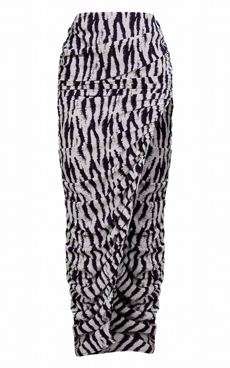 Black Pretty Little Thing Zebra Print Woven Ruched Side Detail Split Leg Midaxi Skirts | UYGPENL-68