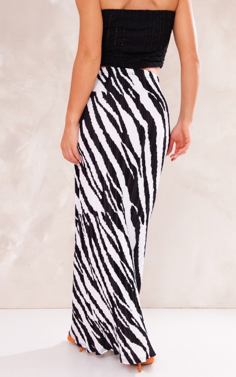 Black Pretty Little Thing Zebra Printed Plisse Maxi Skirts | XBGQJYC-71