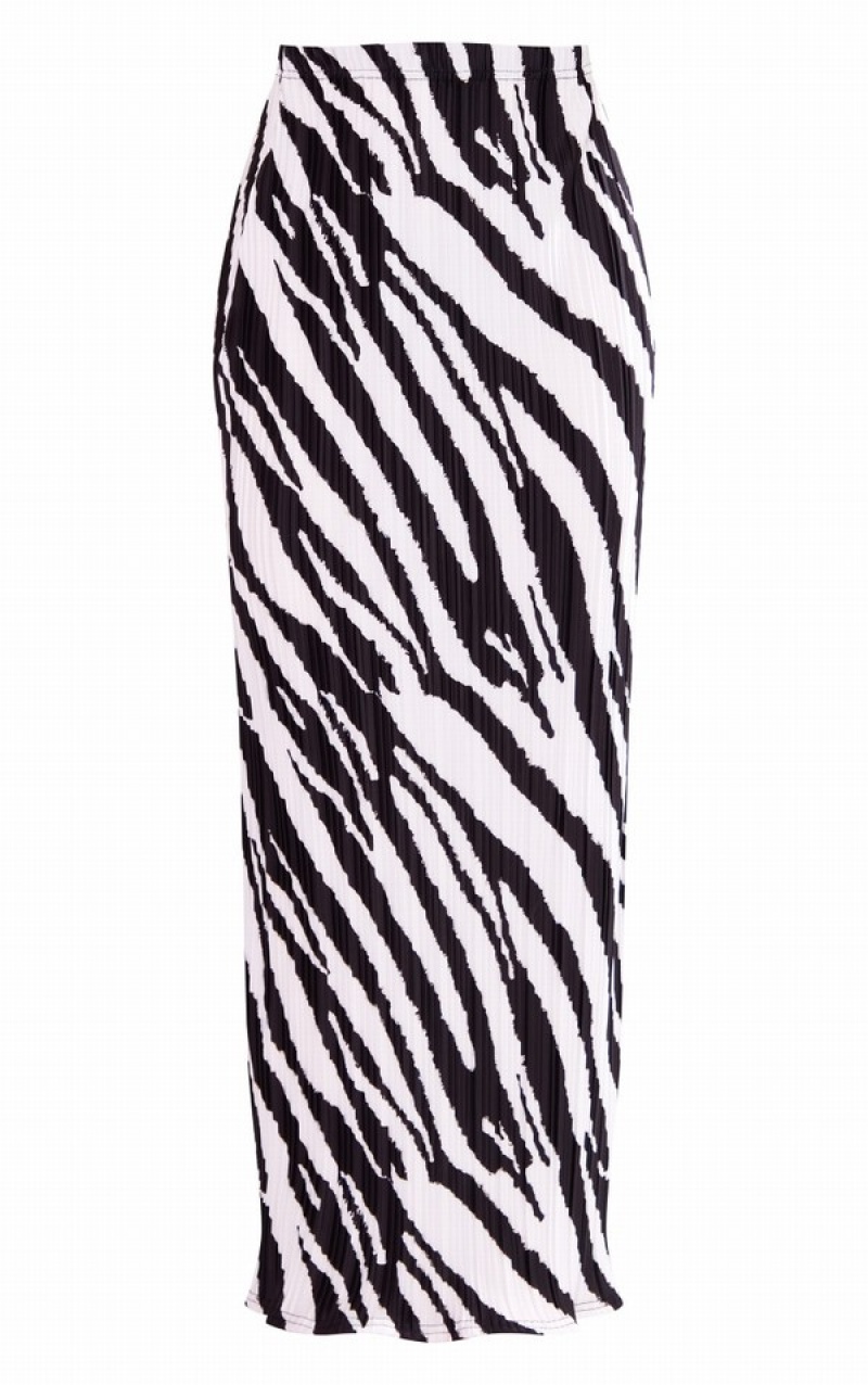 Black Pretty Little Thing Zebra Printed Plisse Maxi Skirts | XBGQJYC-71