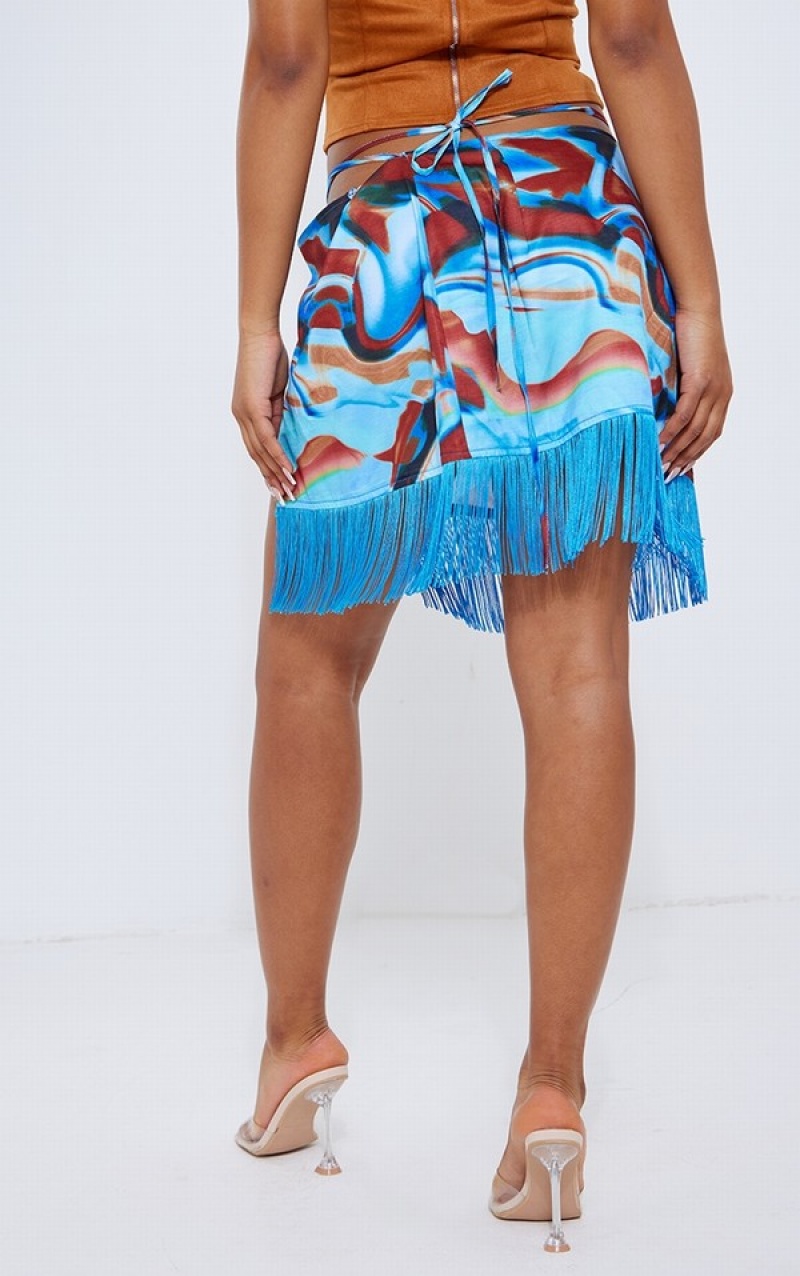 Blue Pretty Little Thing Abstract Printed Tassel Hem Wrap Skirts | ATGXELU-38