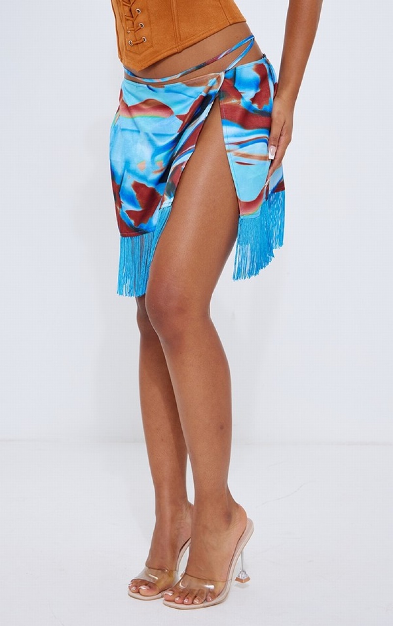 Blue Pretty Little Thing Abstract Printed Tassel Hem Wrap Skirts | ATGXELU-38