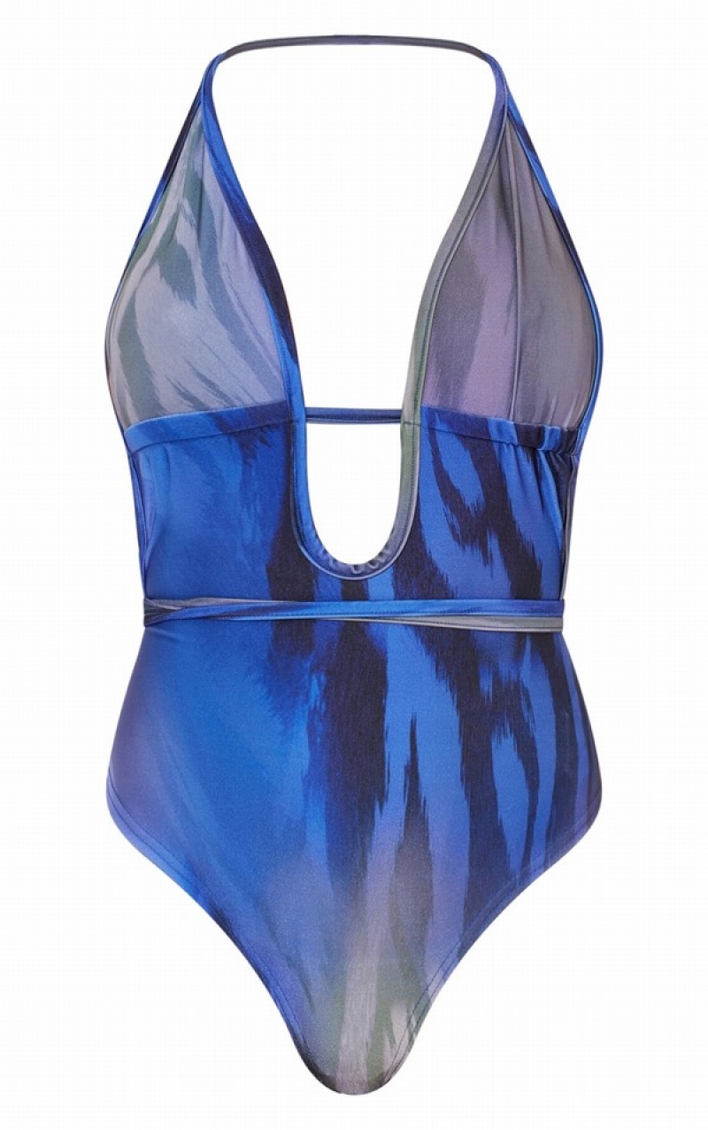 Blue Pretty Little Thing Animal Print Cut Out lerneck Swimsuits | SXUYDLN-83