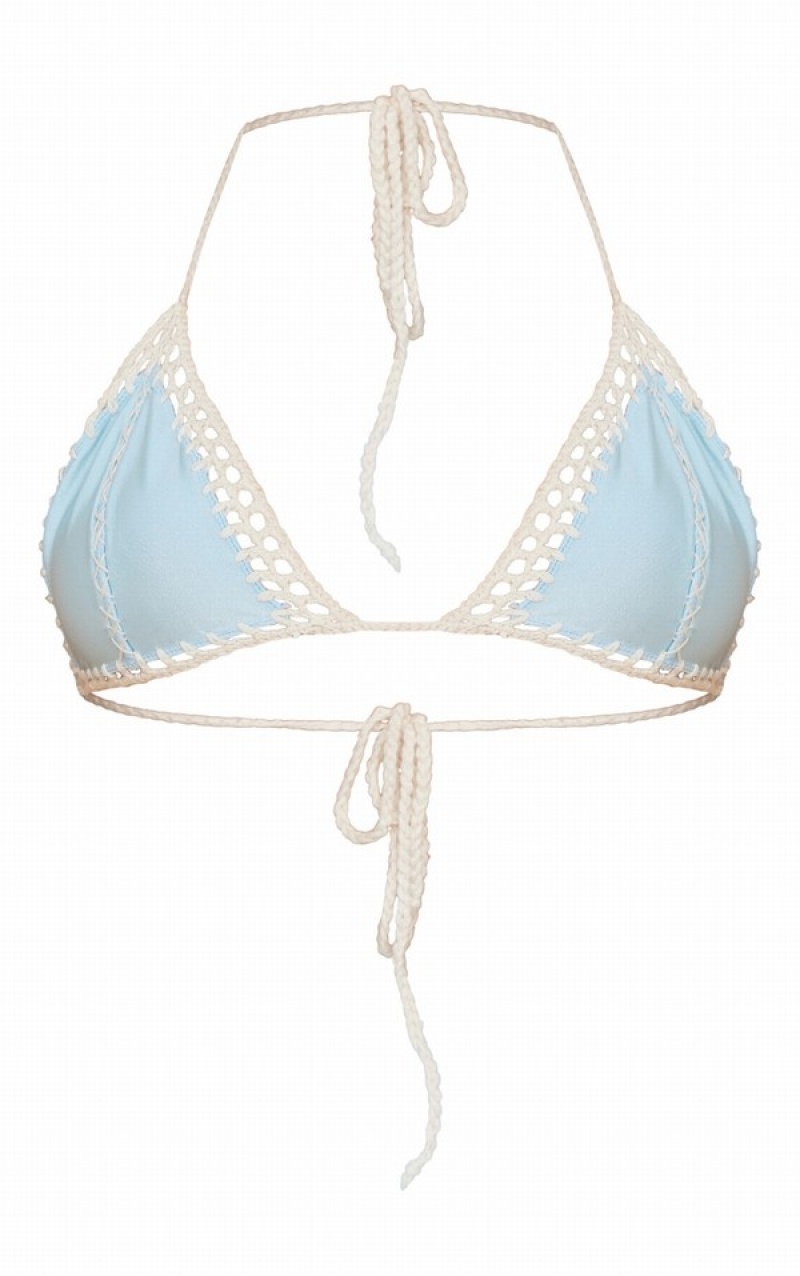 Blue Pretty Little Thing Baby Contrast Crochet Triangle Bikini Tops | YCGZNXQ-70