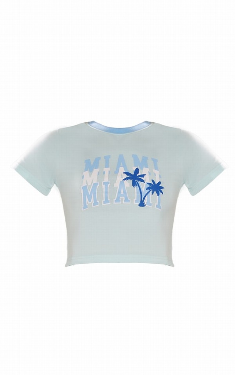 Blue Pretty Little Thing Baby Miami Printed Fitted Crop T-shirts | OUSTJPG-87