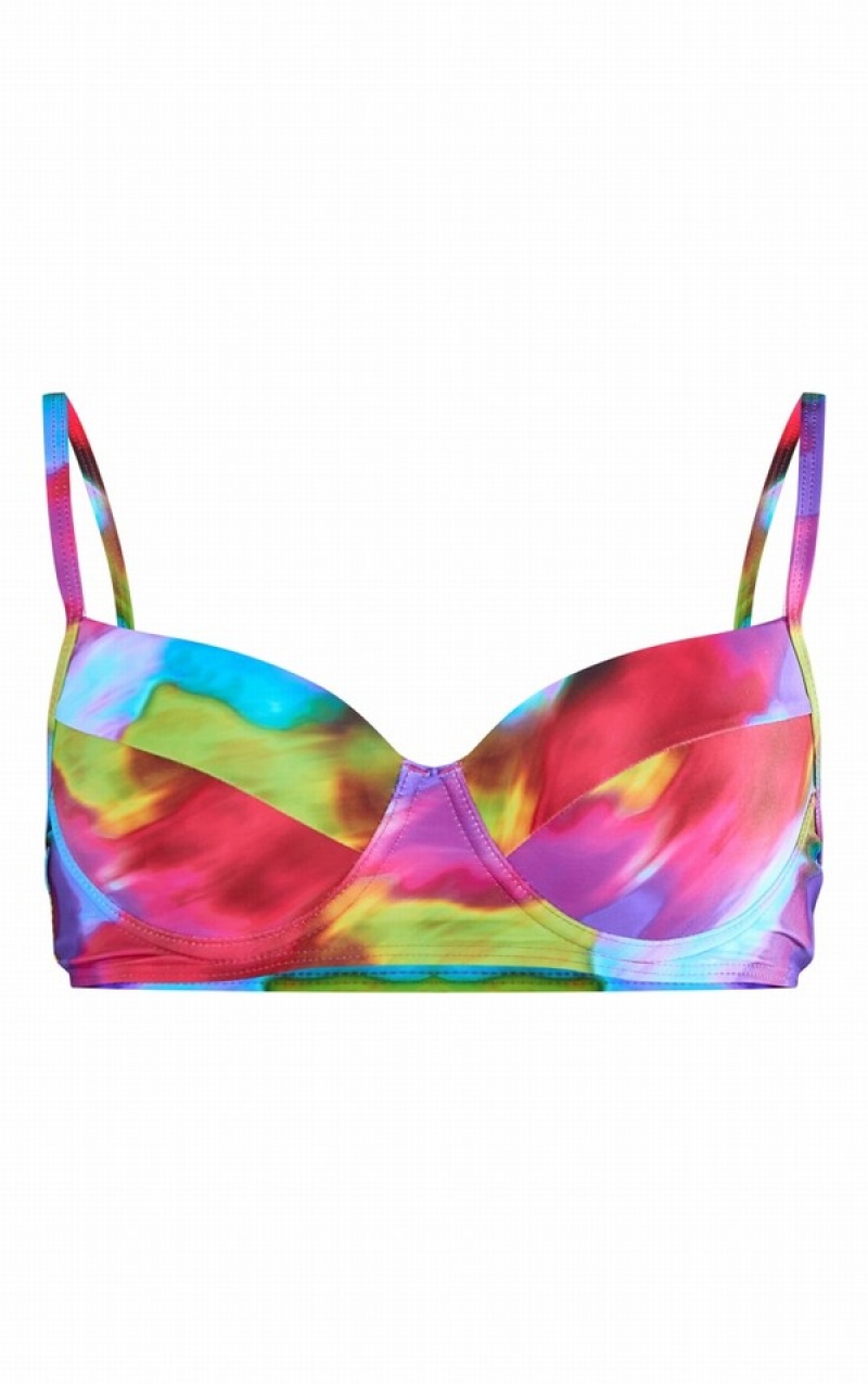 Blue Pretty Little Thing BlurAbstract Print Push Up Cupped Bikini Tops | ENLHJGA-07