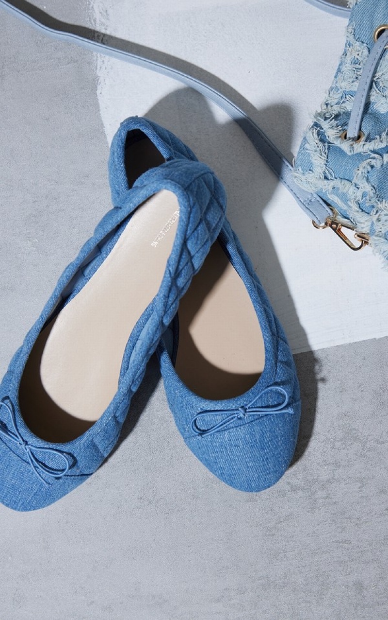 Blue Pretty Little Thing Bow Quilted Ballet Pumps | JARSOMX-42