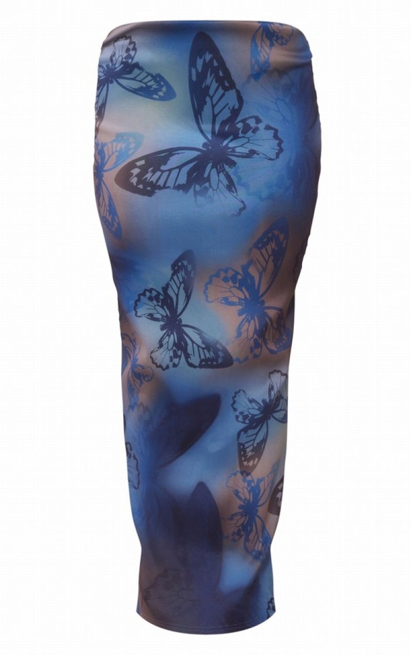 Blue Pretty Little Thing Butterfly Print Stretch Woven Low Rise Midaxi Skirts | IOZJRMD-58