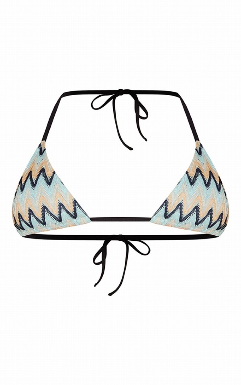 Blue Pretty Little Thing Crochet Contrast Strap Triangle Bikini Tops | RPVDOHI-12