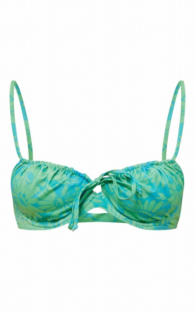 Blue Pretty Little Thing Daisy Print UnderwiRuched Cup Bikini Tops | RFBJLGM-26