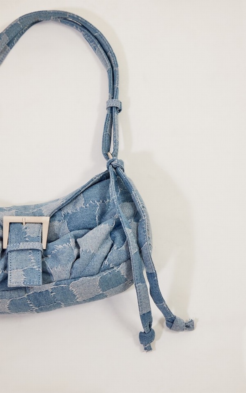 Blue Pretty Little Thing Denim Distressed Patchwork Buckle Shoulder Bags | XSCJGQP-52