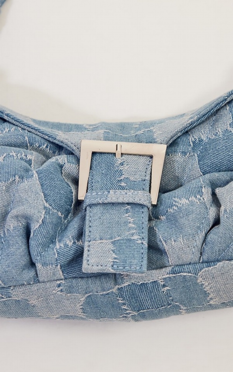 Blue Pretty Little Thing Denim Distressed Patchwork Buckle Shoulder Bags | XSCJGQP-52