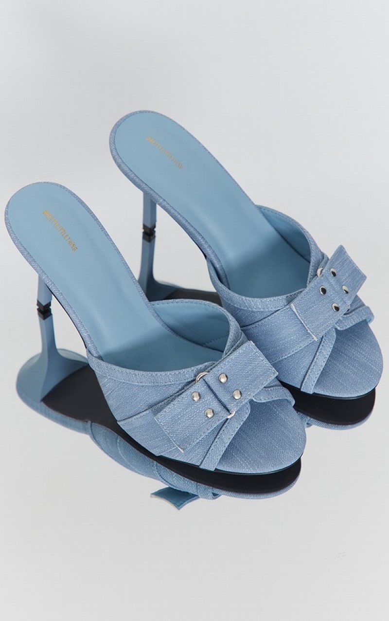 Blue Pretty Little Thing Denim Pu Round Toe Buckle Fastening Strap Detail Heels | PRNXYDW-84