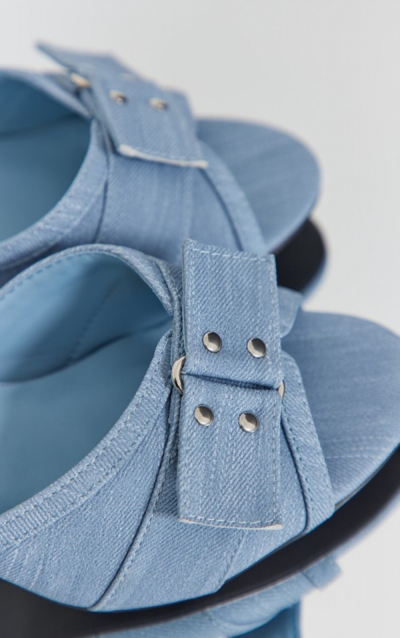 Blue Pretty Little Thing Denim Pu Round Toe Buckle Fastening Strap Detail Heels | PRNXYDW-84