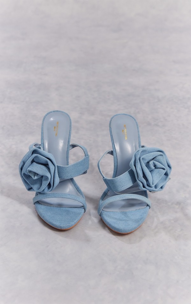 Blue Pretty Little Thing Denim Round Toe Side Detail High Heels | ZKLVHUB-29