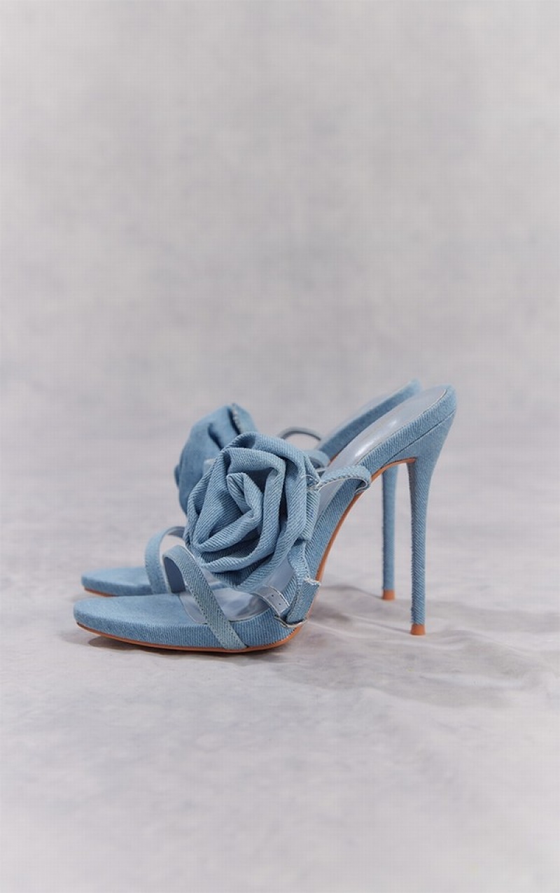 Blue Pretty Little Thing Denim Round Toe Side Detail High Heels | ZKLVHUB-29